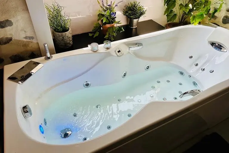 La baignoire balnéo du gîte remplie d’eau, ses jets en marche et la chromothérapie allumée en bleu, entourée de plantes.