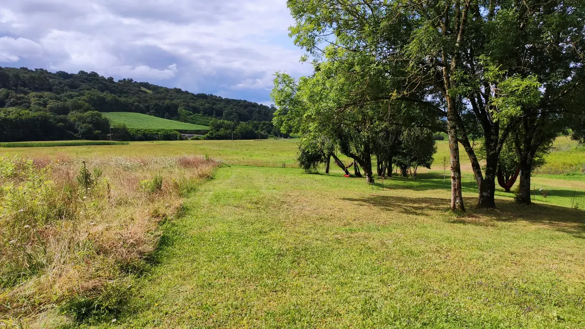 Un hamac rouge tendu entre deux arbres du verger, la campagne béarnaise derrière.